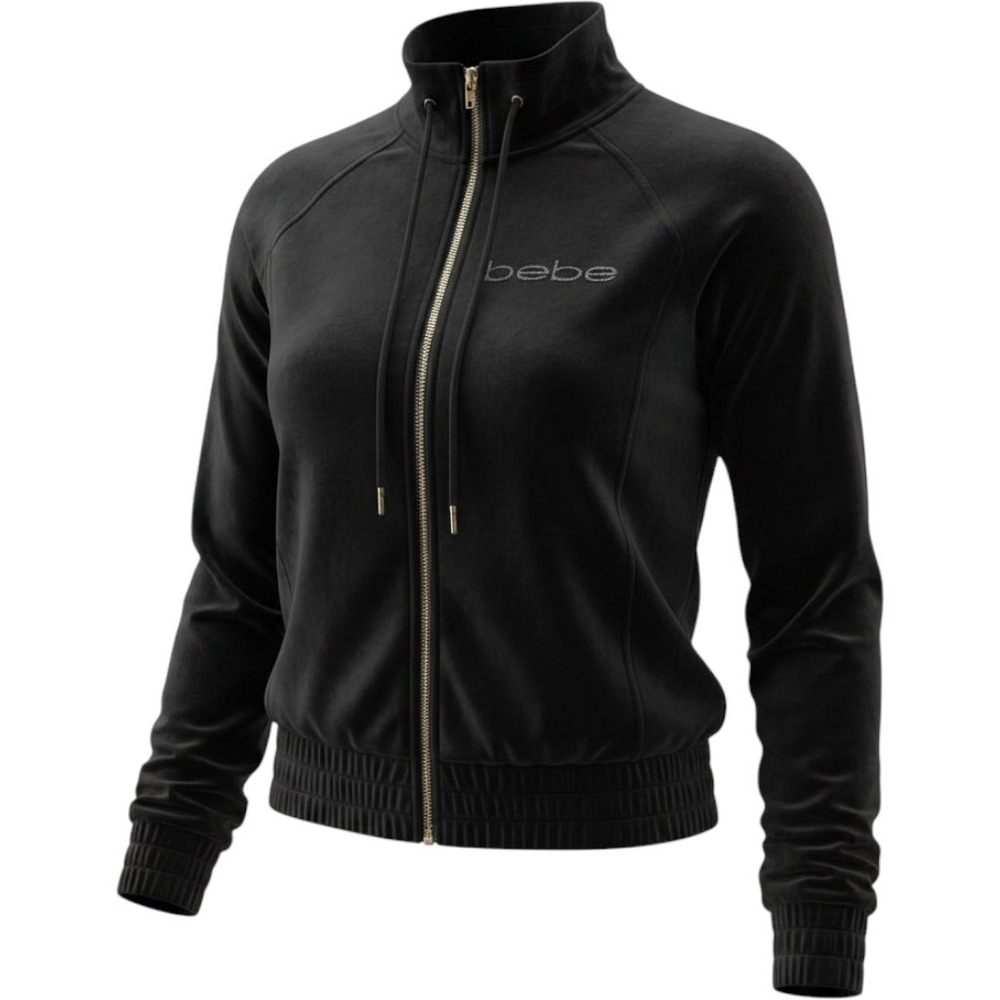 Bebe Velour Jacket Womens Small Black Stretch Mock Neck Raglan Sleeve Full Zip